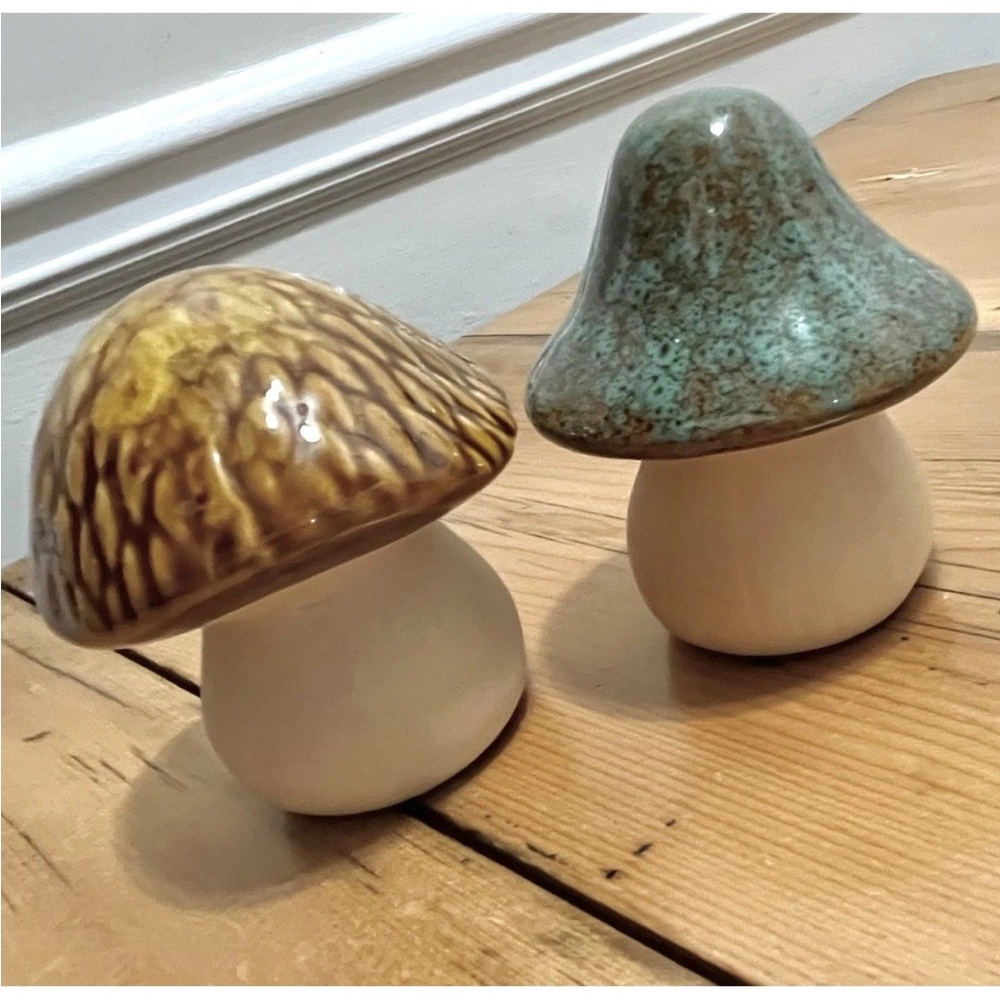 2 Ceramic Mushroom Figures - 4” tall - Brown / Teal-Brown NEW